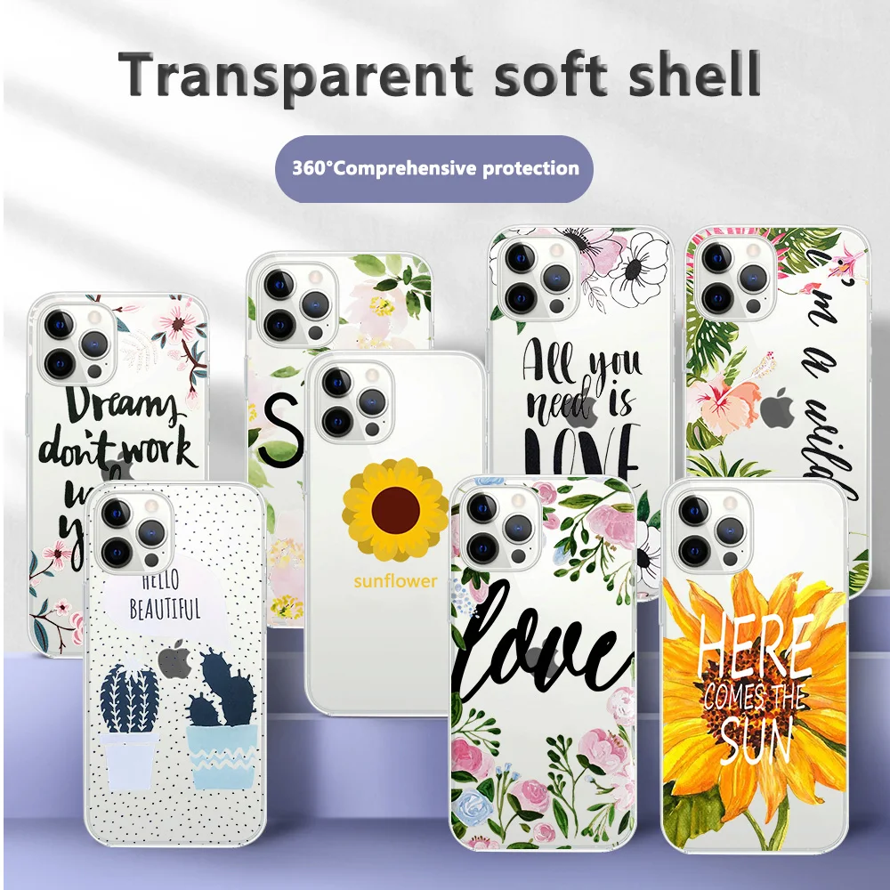 

Transparent Letter Flower Soft TPU Back Case For iPhone 11 12 13 Pro Max Mini X XR XS Max 7 8 Plus SE 2020 Silicone Phone Cover