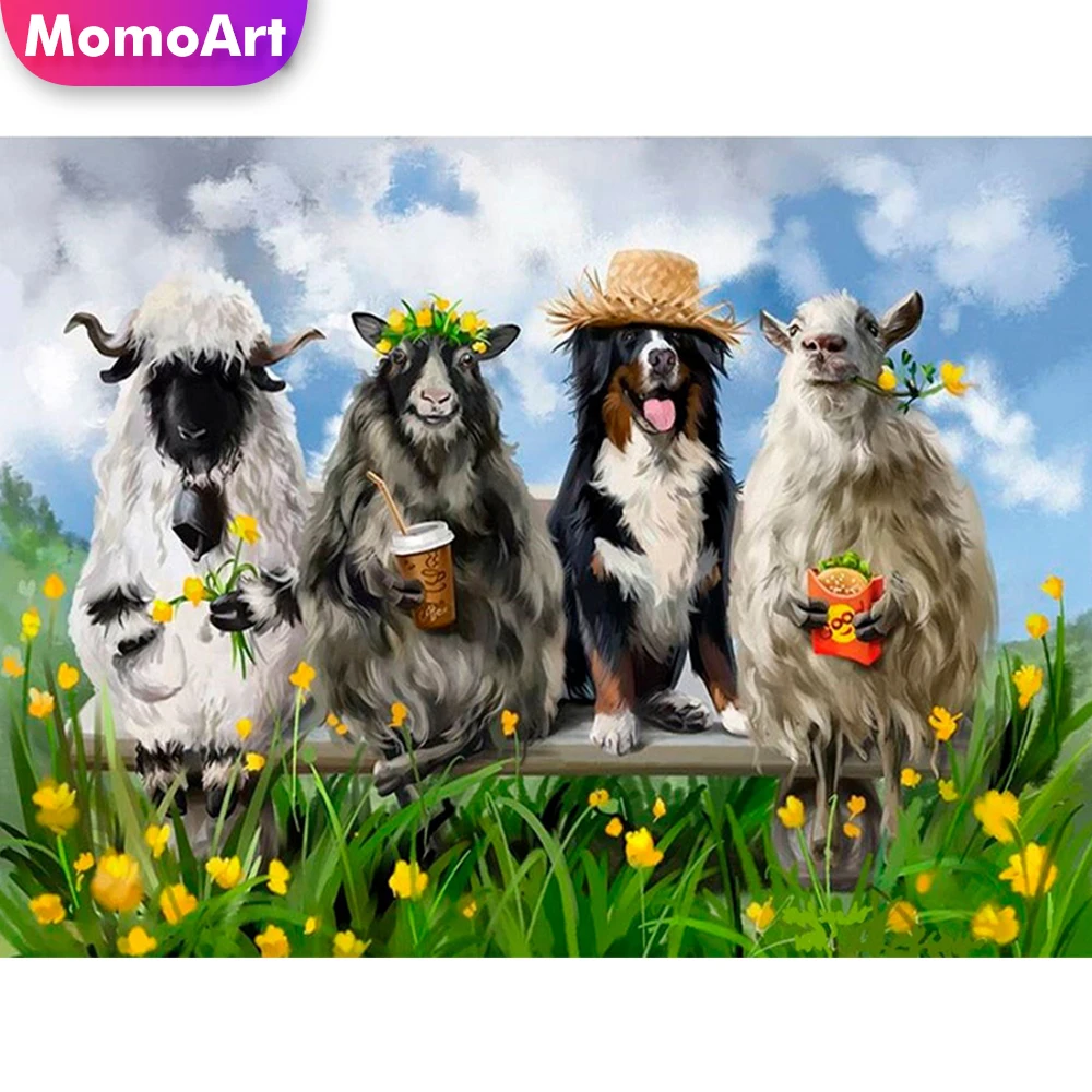MomoArt 5D Diamond Embroidery Dog Picture Of Rhinestones Mosaic Goat DIY Cross Stitch Kits Animal Painting Decor For Home