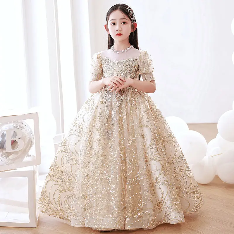 

Champagne Color Children's Dress 2023 New Princess Dress High-end Flower Girl Puffy Yarn Girl Host Piano Performance Dress