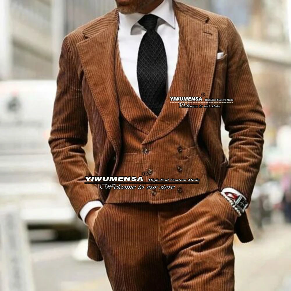 

Винтажные Коричневые Вельветовые мужские костюмы, деловой Блейзер, мужской костюм, 2022, свадебный смокинг для женихов, новейший Черный дизайнерский пиджак и брюки