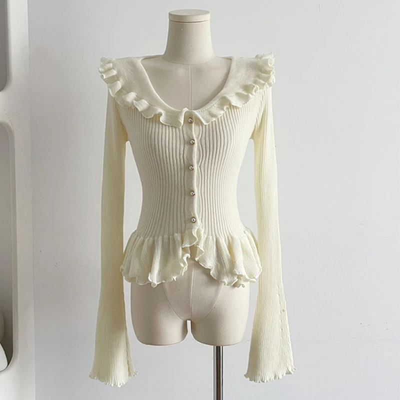 

2023 Autumn Winter Elegant Knitted Cardigan Women Long Sleeve Crop Tops Korean Fashion Vintage Aesthetic Knitwear Pullovers Chic