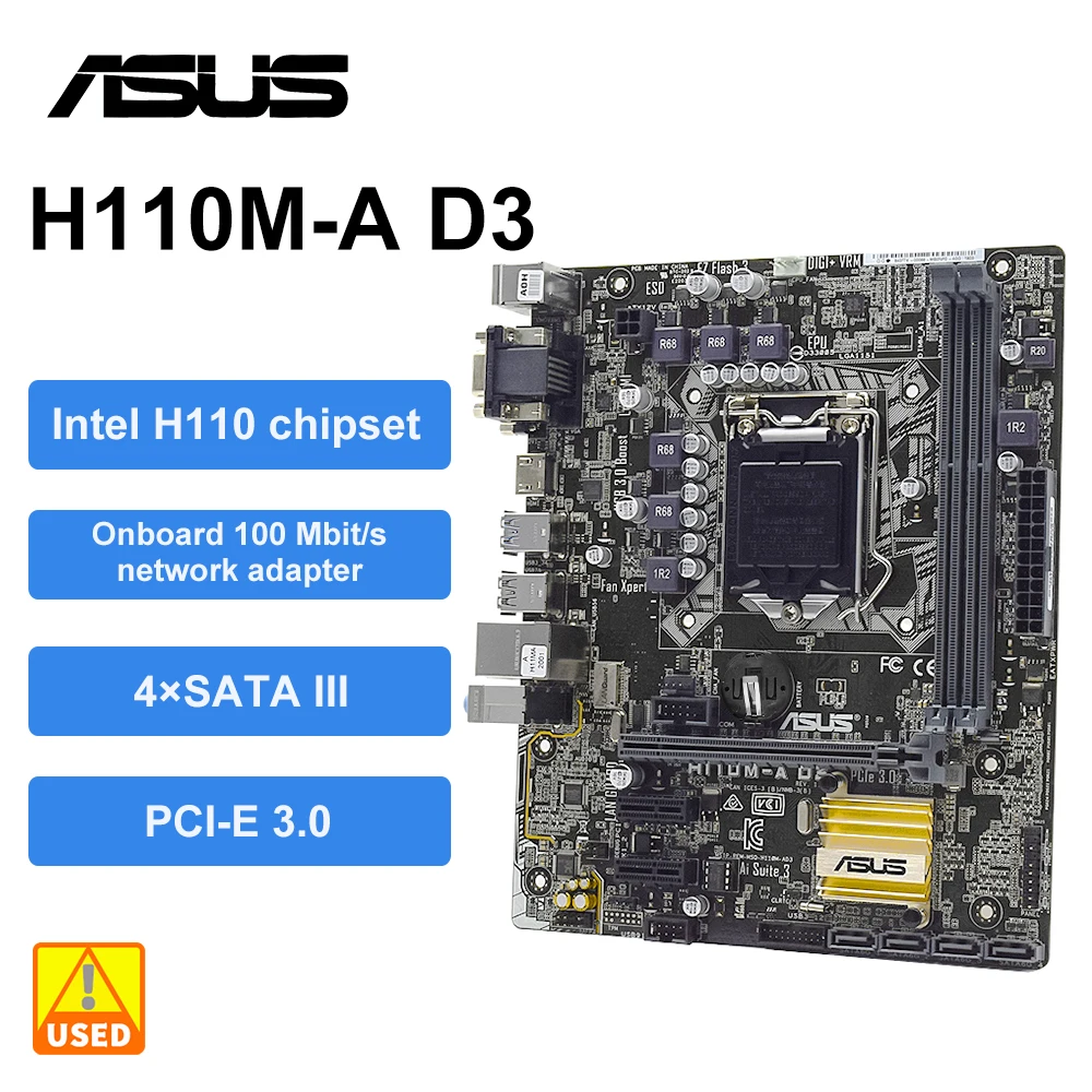 

ASUS H110M-A D3 LGA 1151 Motherboard Kit Intel i3 6100 DDR3 8G*2 Support Core 7350K Cpus Intel H110 VGA DVI HDMI SATA3 Micro ATX