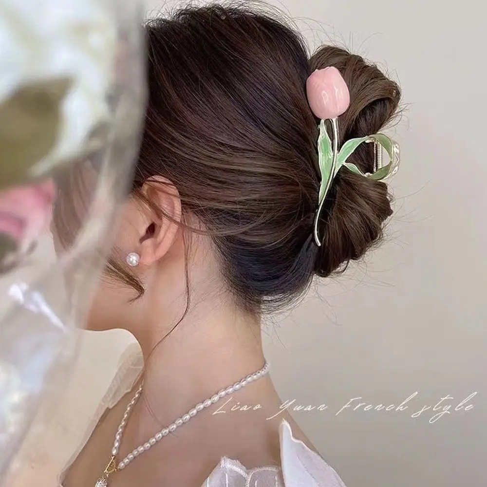

French Fashion Fairy Metal Flower Summer Female Hair Claw Tulip Shark Clip Headwear Korean Style Hair Crab Clip