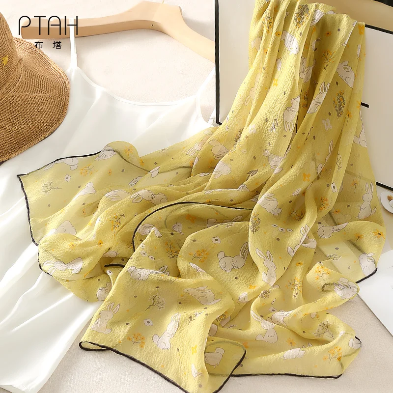 

[PTAH] 6M/M Scarves 100% Mulberry Silk Scarf For Women Temperament Scarves Print Big Length Scarves Ladies High Quality 180*65cm