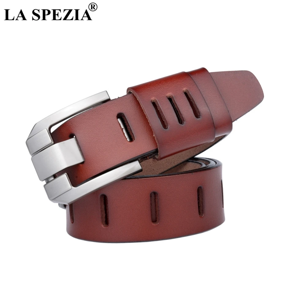 LA SPEZIA Leather Belts for Men Red Genuine Leather Belt Men Pin Buckle Belt Male Solid Casual Brand Belt for Jeans Accessories