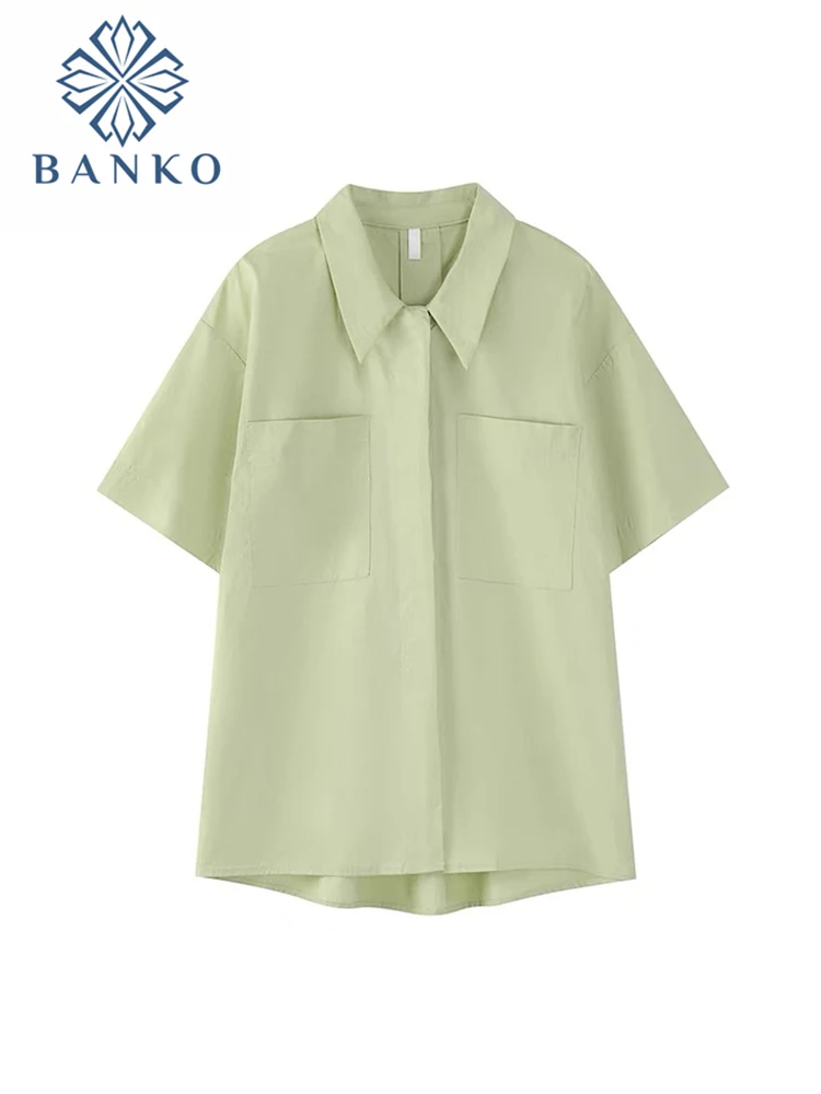 Women Shirts 2022 Summer Feminine Blouses Short Sleeve Casual Solid Turn-down Collar Office Lady Loose All-Match Pockets Clothes