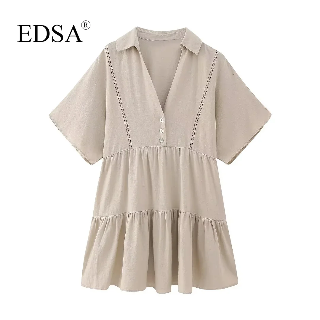 

EDSA Women Elegant Linen Blend Lace Trim Mini Dress 2023 Summer Slot Collar Short Sleeves Ruffled Hem Vintage Female Streetwear