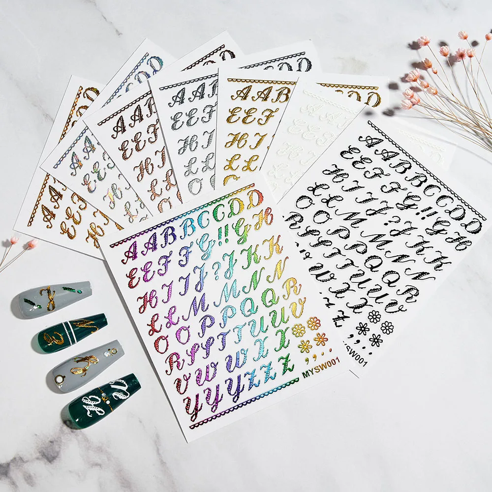 

Holographic Alphabet ABCD Letter Nail Decal Laser Gold Silver Black English Word Number Bronzing Sticker Manicure Template Slide