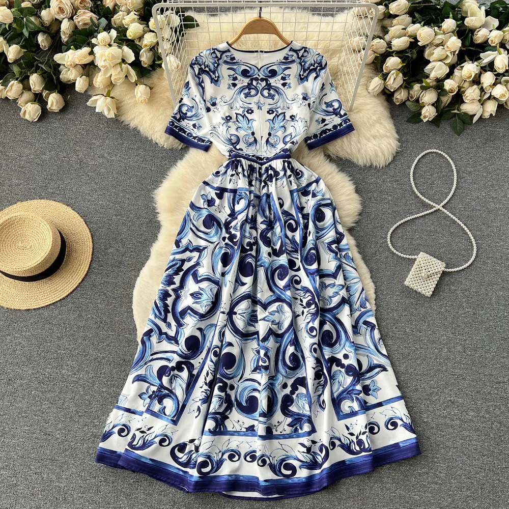 

Женское модельное платье с коротким рукавом, дизайнерское сине-белое платье с фарфоровым принтом, длинное платье для отпуска с высокой талией, лето