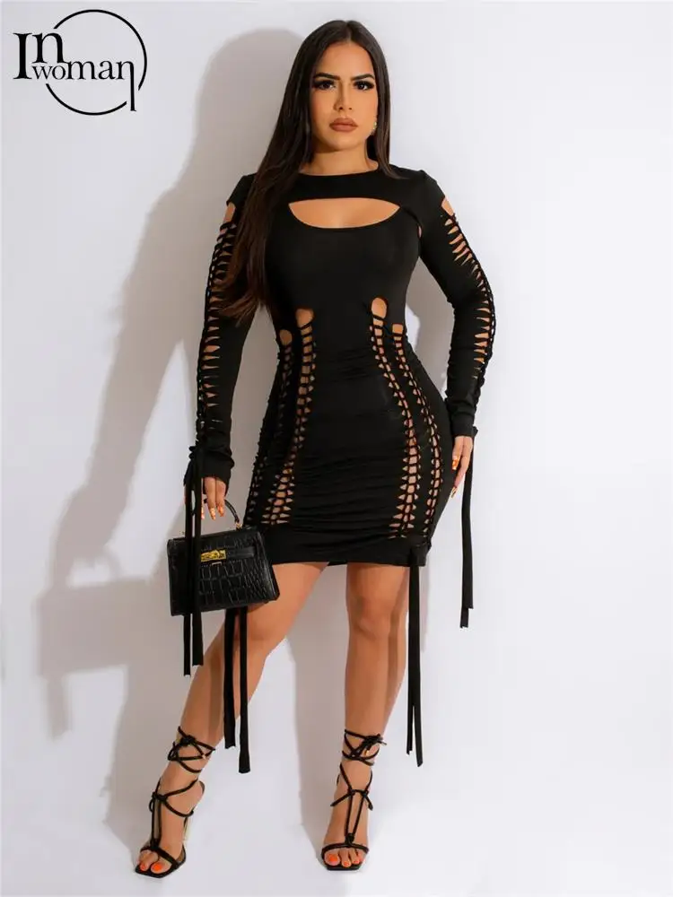 

Женские летние сексуальные однотонные платья миди с бахромой, Клубная одежда для женщин 2023, облегающее платье с длинным рукавом и вырезами, ...