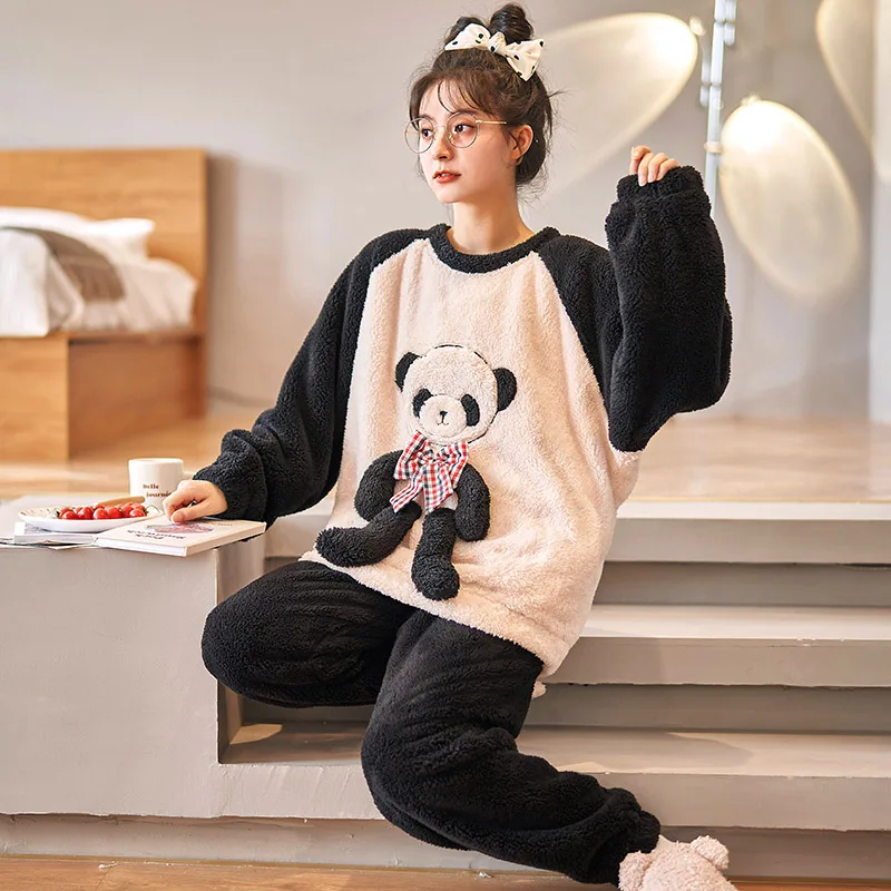Women Sleepwear Winter Pajamas Coral Fleece Loose Version Pajama Set Inspissate Flannel Pullover Plus Size Cartoon Plush