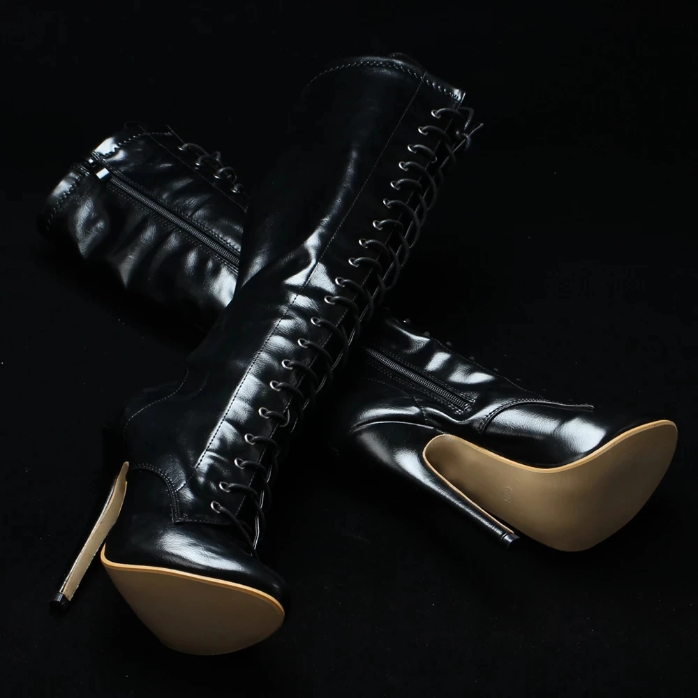 14CM High Heel Pointed toe Solid PU Leather Side Zip Women Fetish Cosplay Party Knee-high Boots