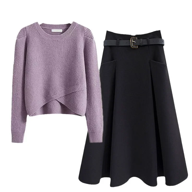 2024 осенний новый свитер топ и юбка комплект из трикотажного модного женского чая