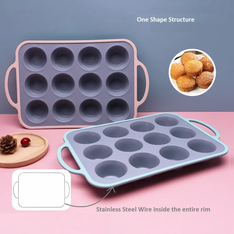 

Non-Stick 12 Cup Silicone Cupcake Mold Cake Macaron Baking Pan With Handle And Stainless Steel Inside Rim Baking Tools Bakeware