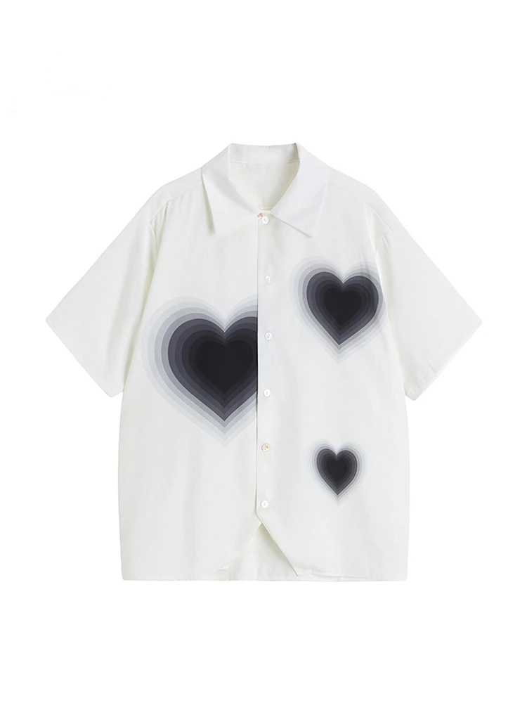 Deeptown Women Short Sleeve Shirts Vintage Harajuku Heart Print Loose Casual Button up Shirts Simple White Blouse Top Female New