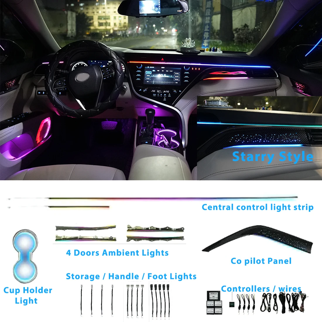 

Для Toyota Camry 2018 2019 2020 2021 2022 2023 окружающее освещение светодиодные атмосферные лампы салона автомобиля симфония RGB стиль звездной ночи