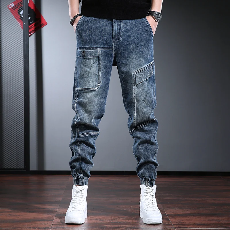 Blue Cargo Pants Jeans Men Casual Baggy Pencil Pants Autumn Streetwear Hip Hop Elastic Waist Denim Trousers CP2016