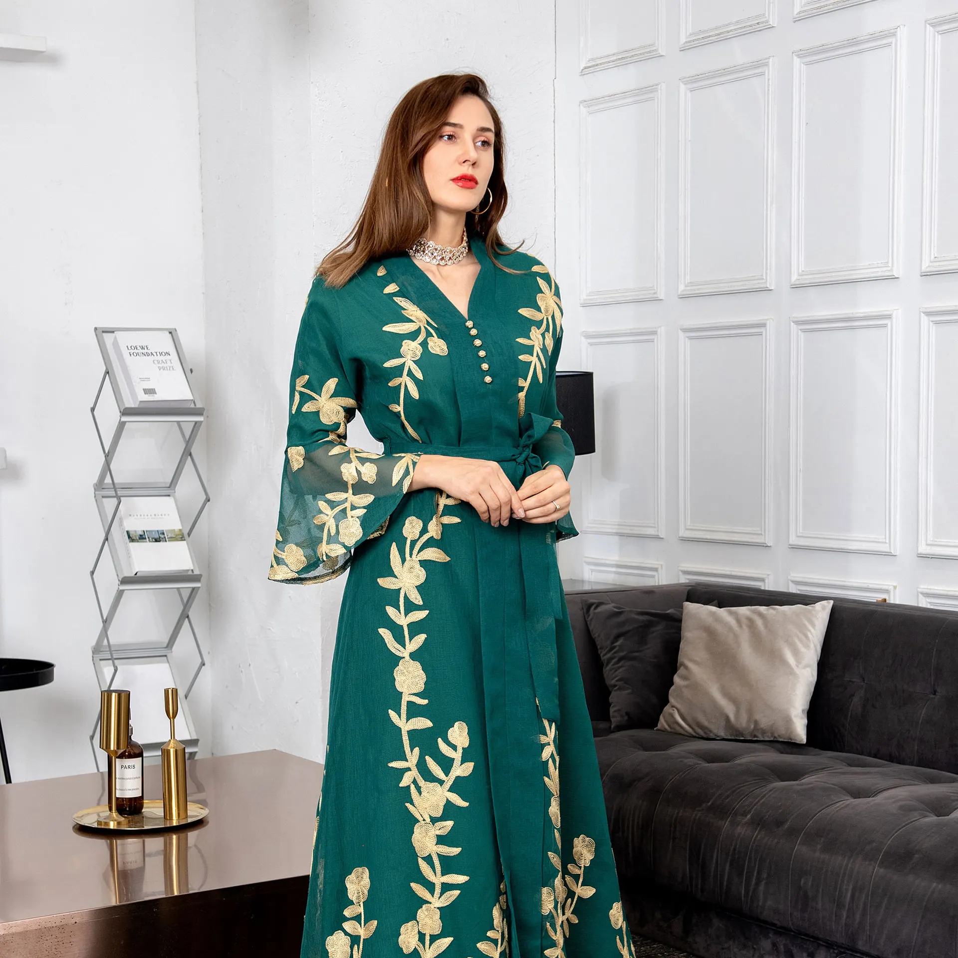 Muslim Summer Golden Mesh Leaf Embroidered Flare Sleeves Women's Temperament Evening Dress Arabic Dress Muslim Dress