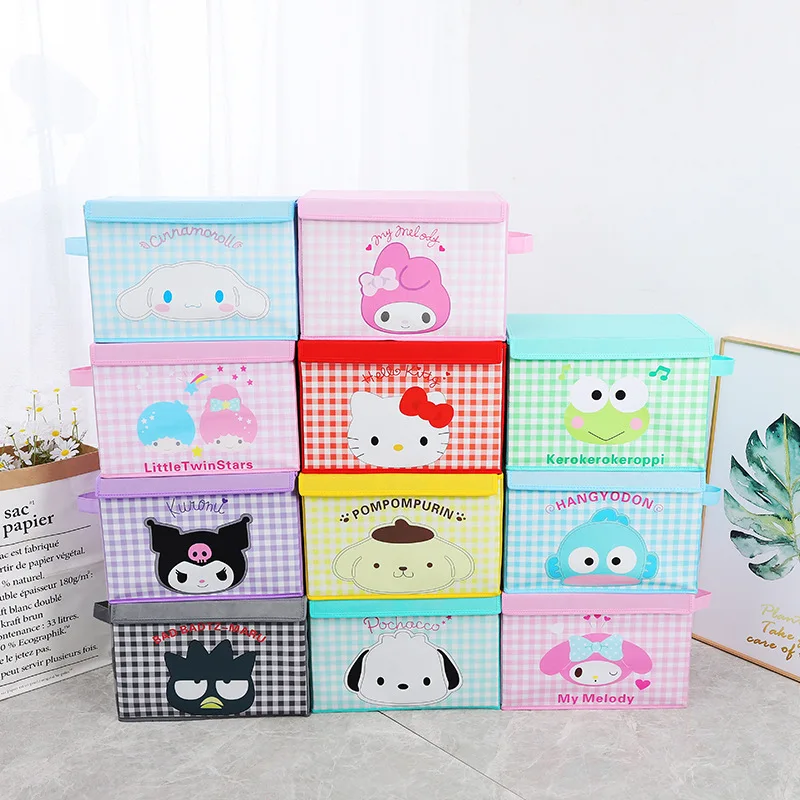 

Cartoon Cinnamoroll My Melody Kuromi Sanrios Plaid Fabric Foldable Toy Doll Storage Box Portable Portable Sundries Storage Box