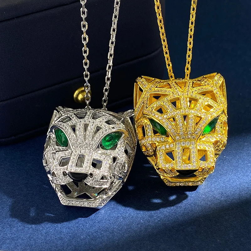 Top Quality Silver Gold Color Micro Crystal Stone Bossy Green Eye 3D Leopard Pendant Necklace For Men Women Long Chain Jewelry