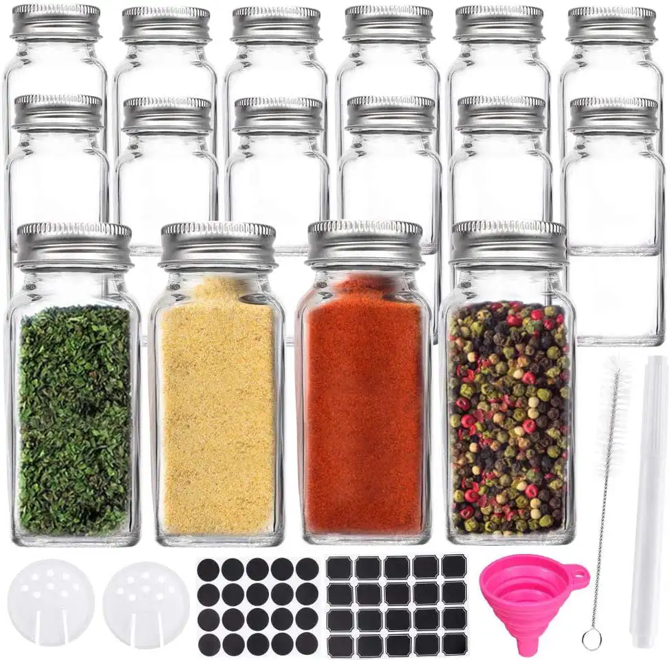 

16 Pack 6 oz Glass Spice & Salts Jars Bottles, Clear Square Glass Seasoning Jars With Aluminum Silver Metal Caps and Pour/Sift S