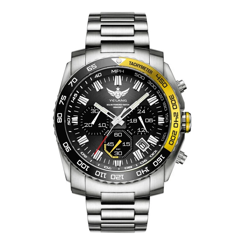 

Yelang Men Military Watch 44MM Sport Chronograph Watches Pilot Wristwatch Eco-Drive Solar 100M Waterproof T100 Luminous Sapphire
