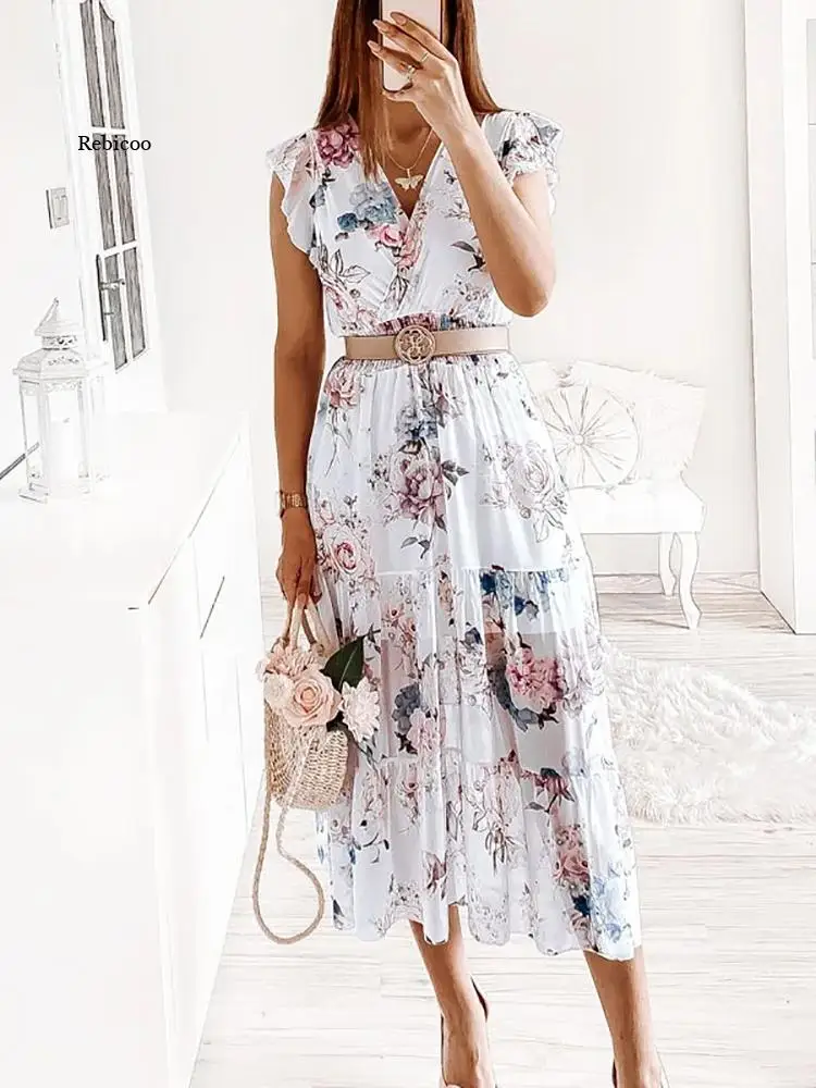 

Женское короткое платье с рукавом-бабочкой, повседневное простое летнее платье с глубоким V-образным вырезом и цветочным принтом, уличная о...