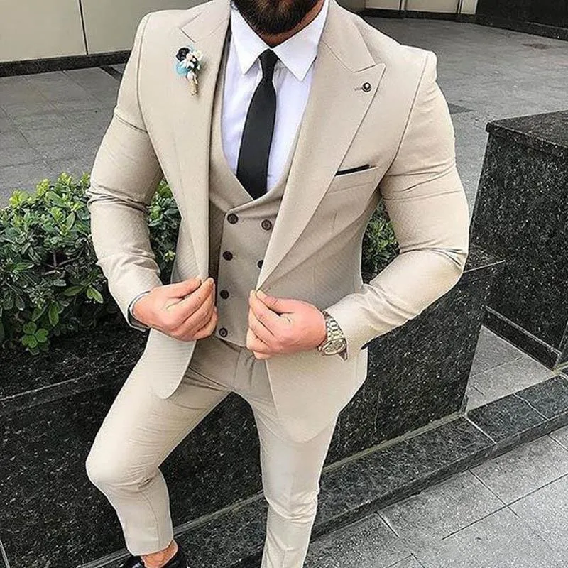 

Beige Men Suit 2022 Slim Fit Wedding Tuxedos Bridegroom 3 Pieces Tailor Made Business Party Blazer Terno (Jacket+Pants+ Tie+Vest