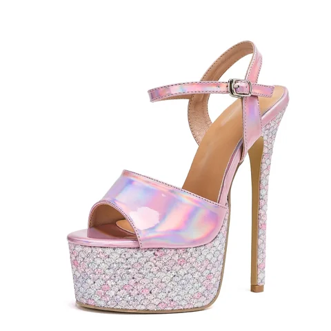 Aneikeh/Модные элегантные розовые свадебные туфли, сандалии на платформе, женские банкетные туфли на очень тонком высоком каблуке с блестками и пряжкой на щиколотке