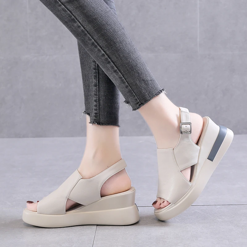 Summer Wedge Shoes for Women Sandals Solid Color Open Toe High Heels Casual Ladies Buckle Strap Fashion Female Sandalias Mujer
