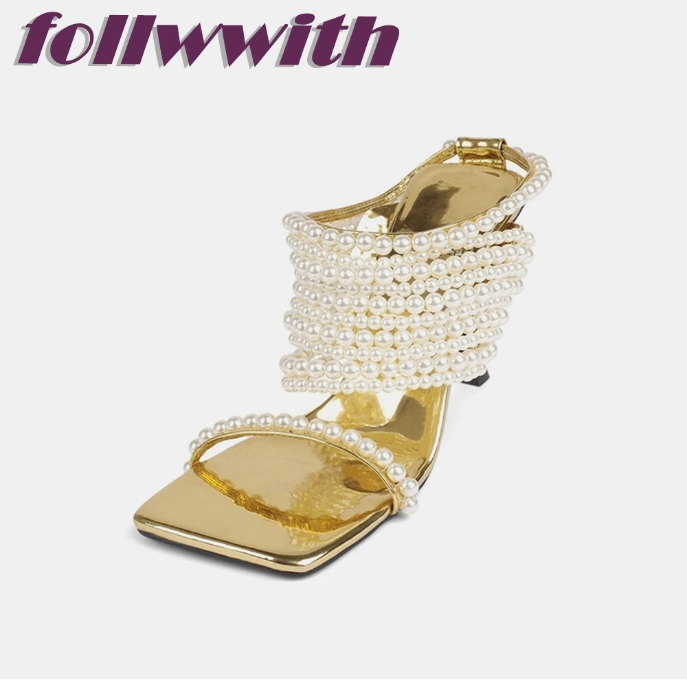 

Luxury String Bead Pearl Bordered Sandals Spike Heels Square Toe Unique Runway 2022 New Arrival Catwalk Summer Ladies Shoes
