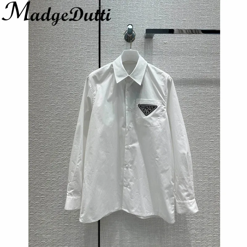 12.1 MadgeDutti Letter Diamonds River Triangle Decoration Long Sleeve Cotton Shirt Women