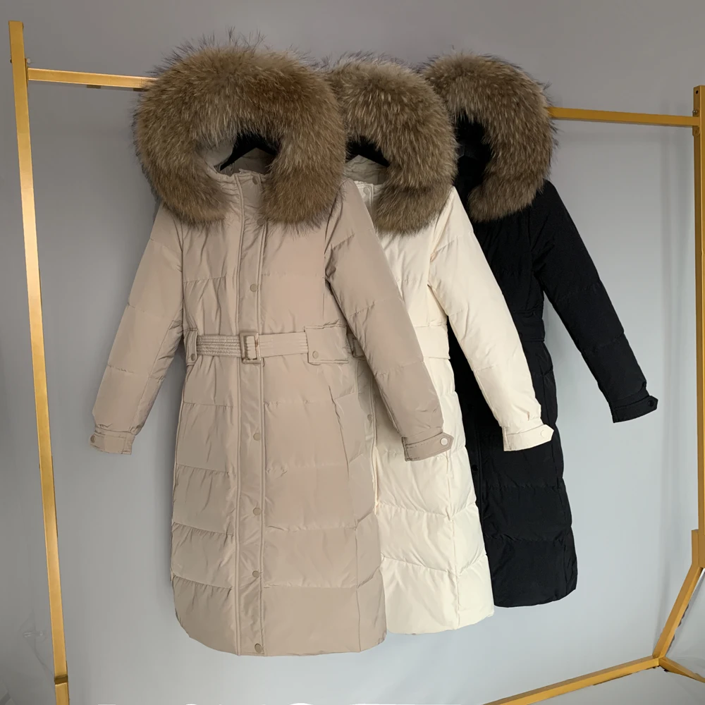 

2022 Women 90% White Duck Down Coat Large Natural Raccoon Fur Long Down Jacket Hooded Thick Parkas Female Overcoat With Belt