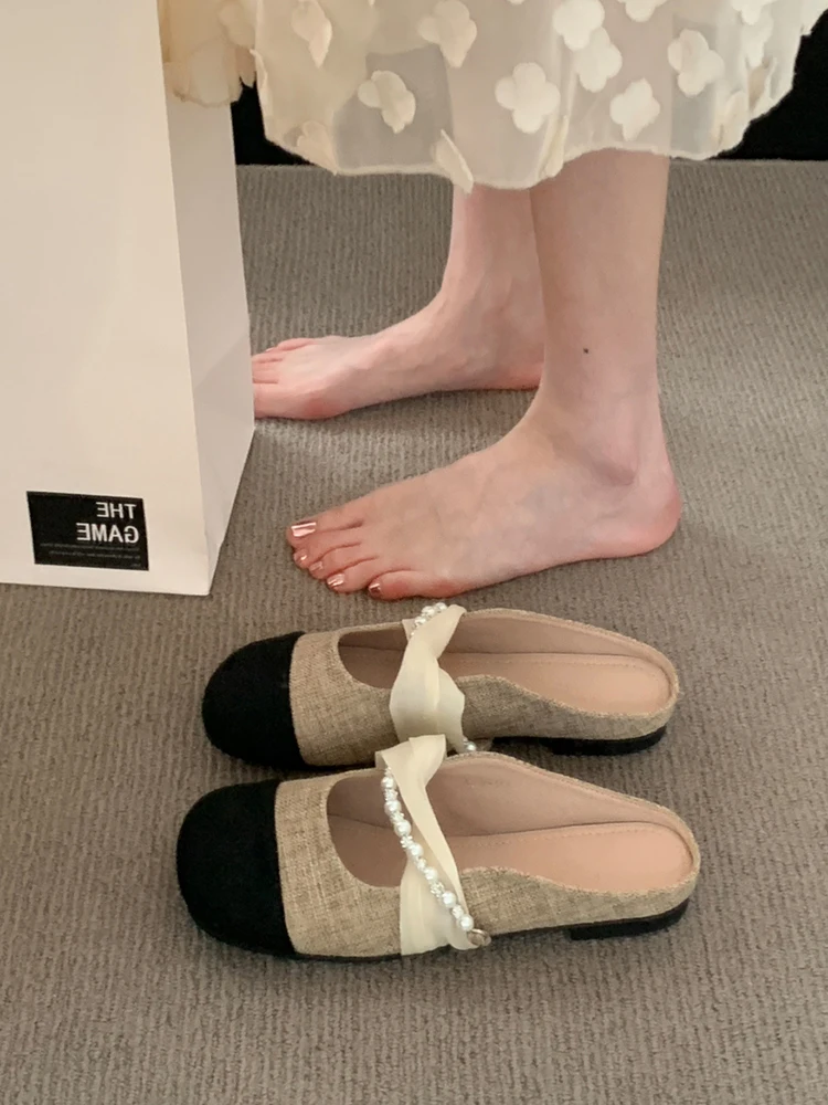 

Shoes Woman 2023 Low Loafers Slippers Soft Shallow Pantofle Cover Toe Comfort Flat New Rubber Slides Basic Casual PU Fabric Leis