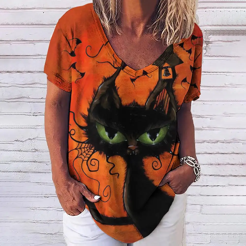 

Women's T-shirt 3D Fashion Cat Print V-Neck Short Sleeve Top Hip Hop Street Fashion Versatile Summer Casual Loose T-shirt