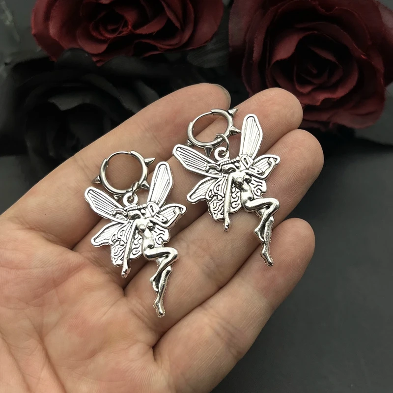 Винтажные серьги в стиле панк с бабочкой феей ангелом гранж женское аниме