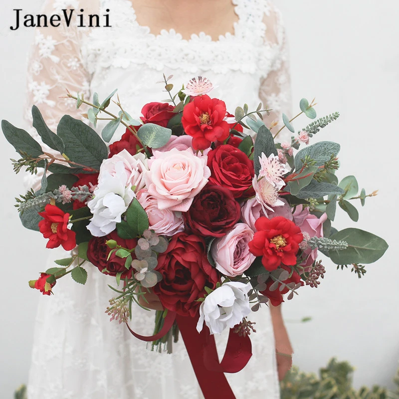 

JaneVini 2022 Elegant Pink Red Silk Flowers Artificial Bride Bouquets Roses Bridal Bridesmaid Bouquet Holder Wedding Accessories
