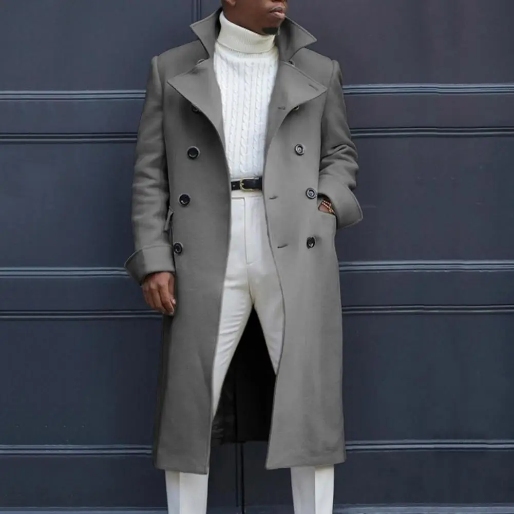 

Men Coat Button-up Coat Men Long Windbreaker Coat Men Double-breasted Trench Coat Stylish Lapel Mid Length Buttons Men Fall Coat