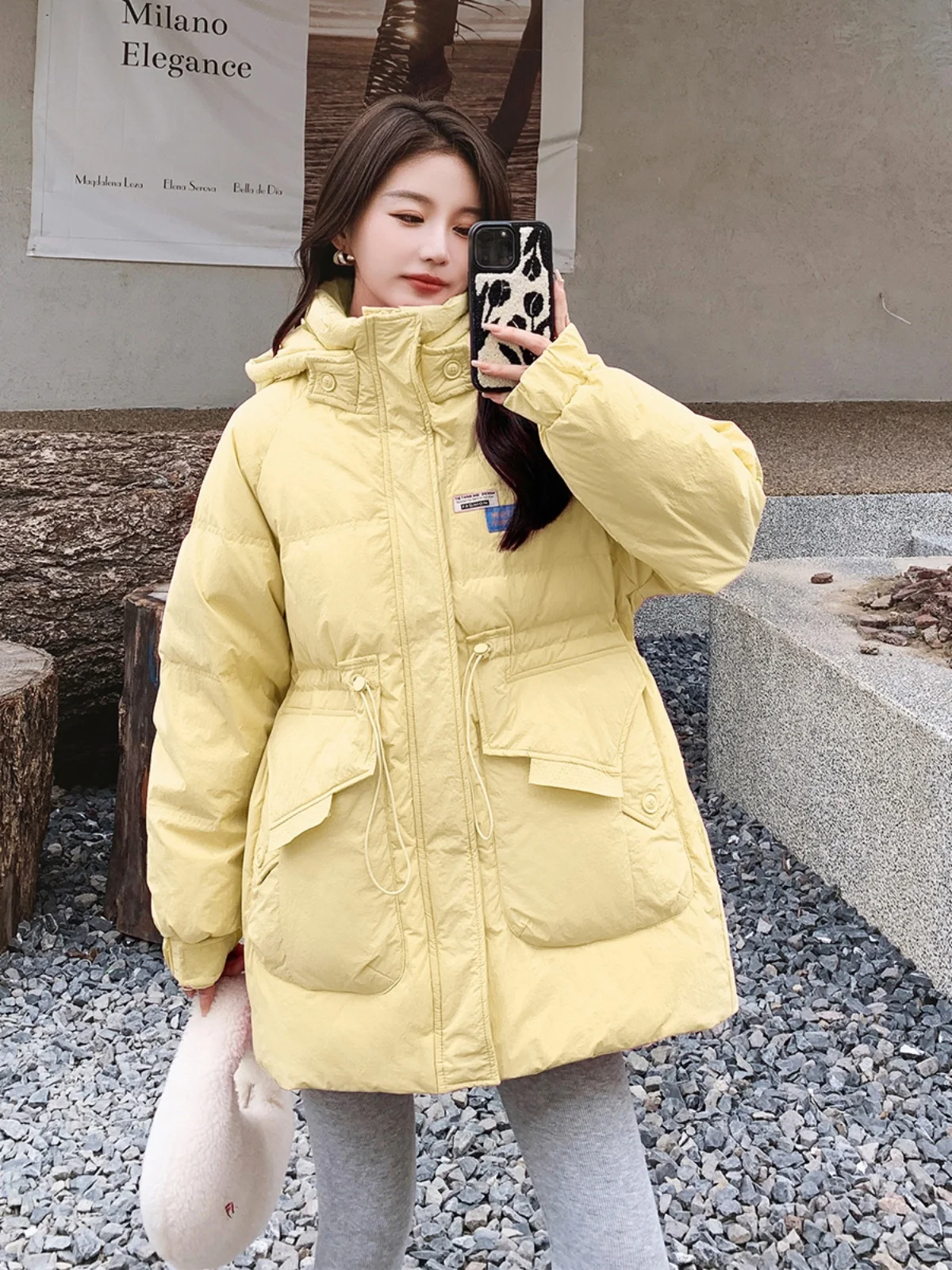 Розовый пуховик с капюшоном-карго женская зима 2024 новая корейская серия