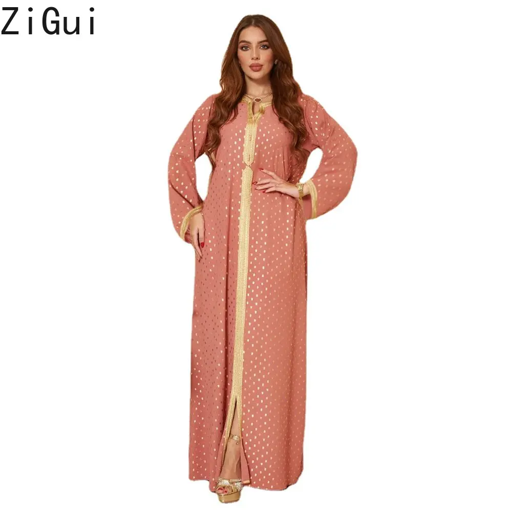 

Zigui Formal Dress Women Elegant Pink Long Sleeve Gold Bronzing Dot Hem Slit Caftan Marocain Femme Ramadan