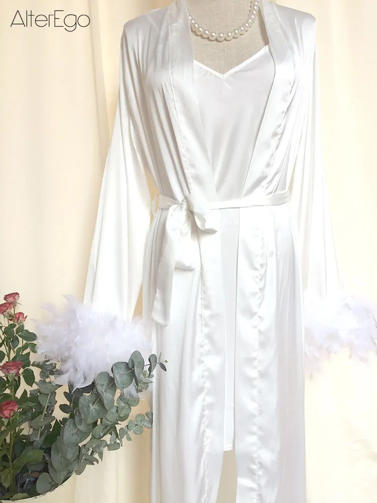 Bride Robe with Feather White Boudoir Dress Long Silk Bridal Lace Dressing Gown Bridesmaid Gifts Satin Feather Trim Bride Kimono
