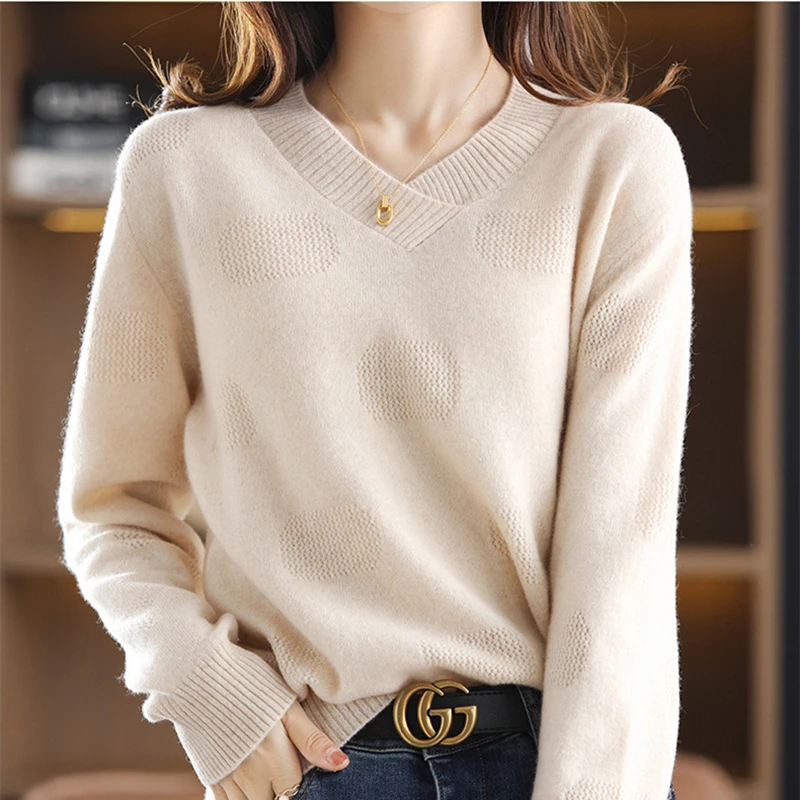 

V-neck sweater spring and autumn pullover women's wool knitted sweater loose long-sleeved sweater 22 new warm cashmere sweater