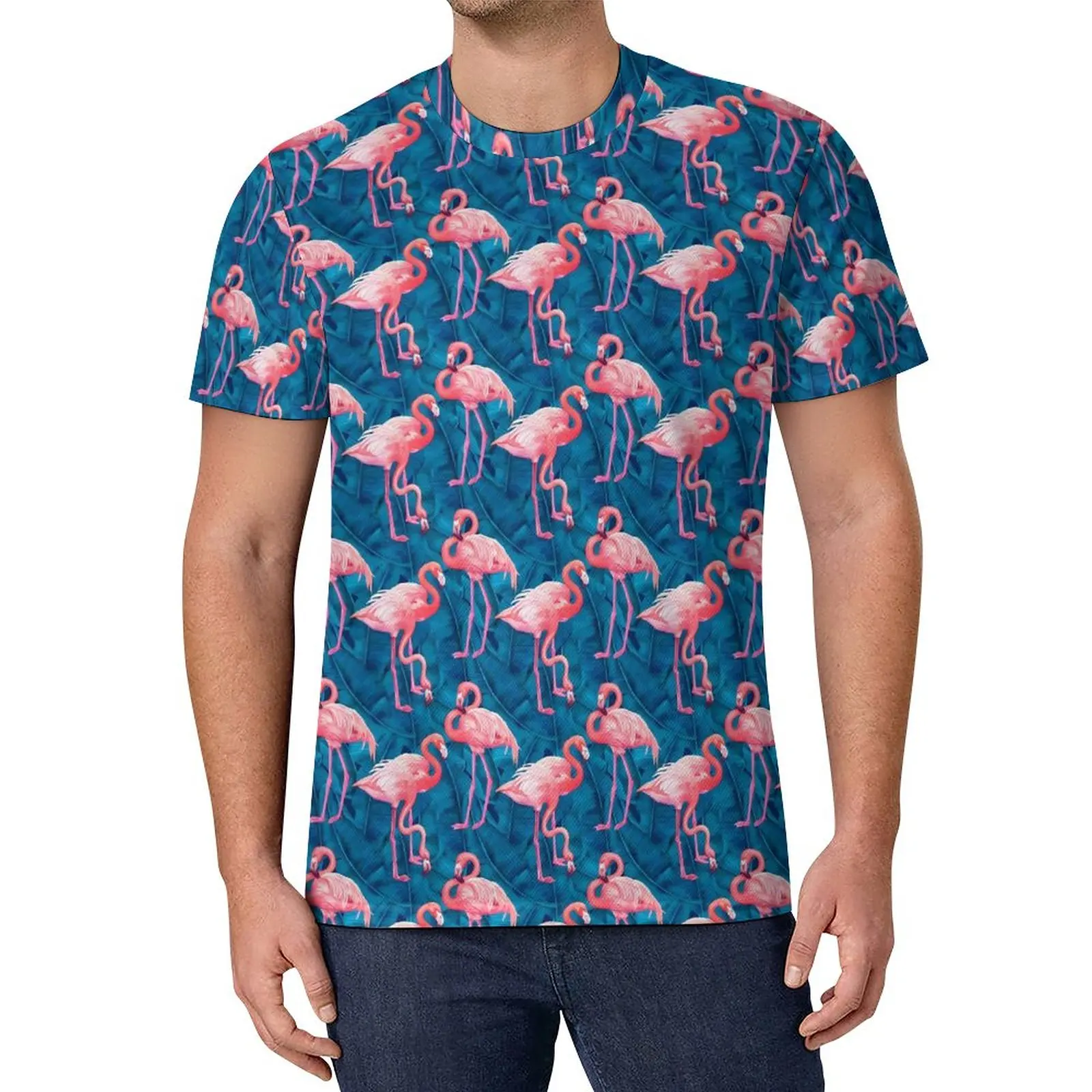 

Tropical Birds T-Shirt Man Flamingos And Leaves Kawaii T-Shirts Beach Hippie Tee Shirt Printed Big Size Clothes