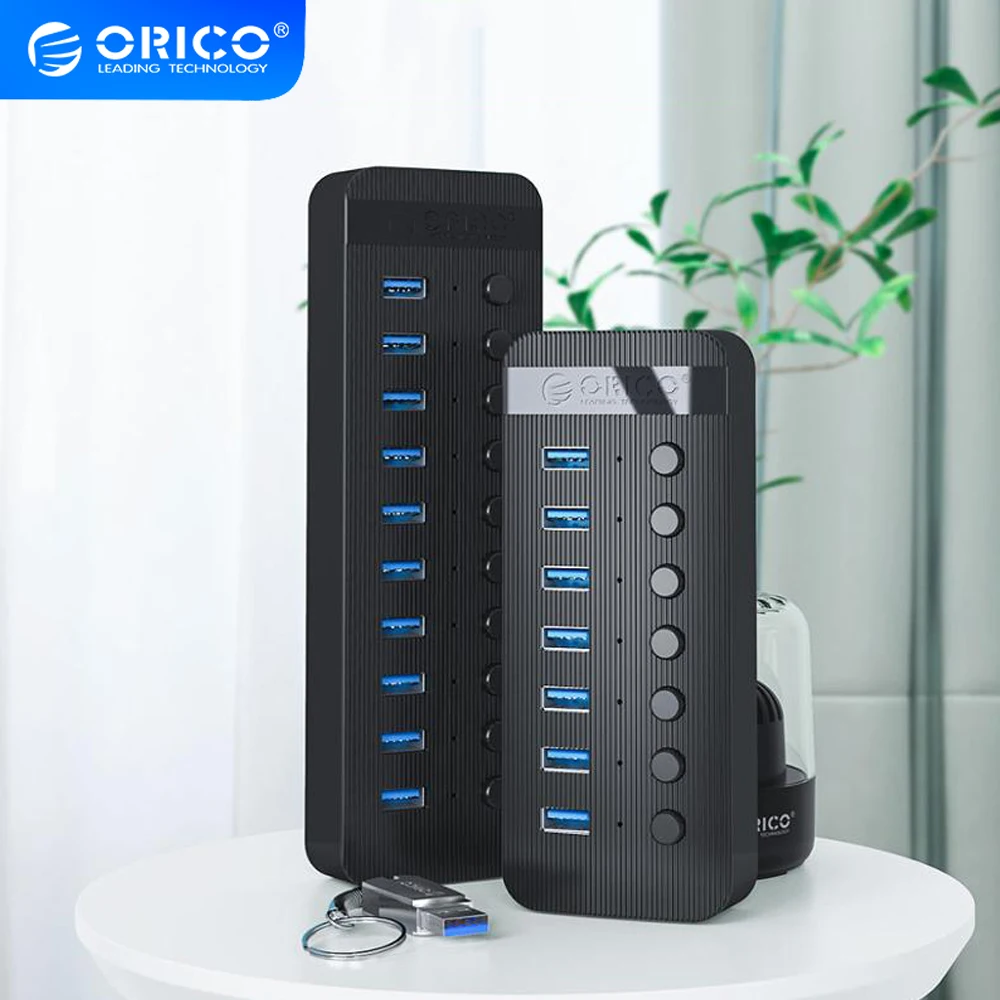 ORICO USB3.0 Industrial HUB 7 10 13 ABS USB OTG Splitter On Off Switch black With 12V Power Adapter Support Charger For Computer