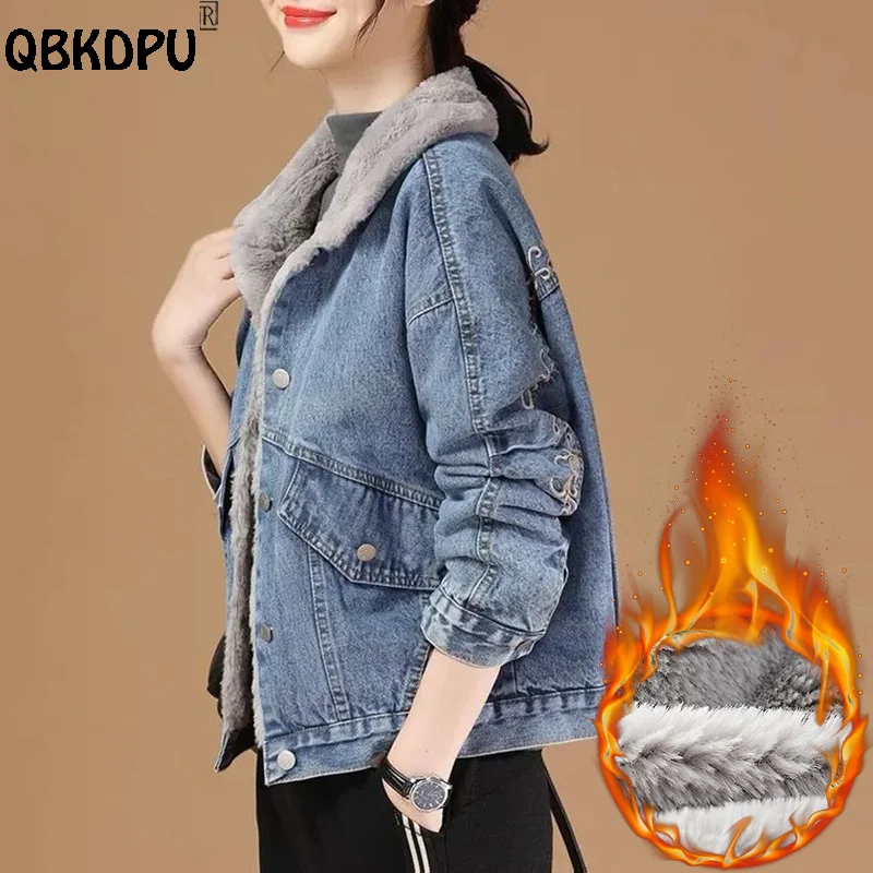 

Winter Plus Velvet Denim Jackets Warm Plush Lapel Short Jaqueta Jeans Women Embroidery Casual Thick Coat Korean Cowboy Chaquetas