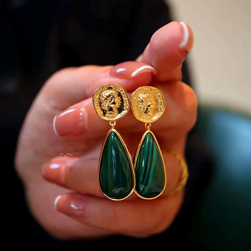 2022 New Natural Malachite Dangle Earrings Smooth Grain S925 Silver Plated 18k Inlaid Trend Women's Style Luxury Accessories