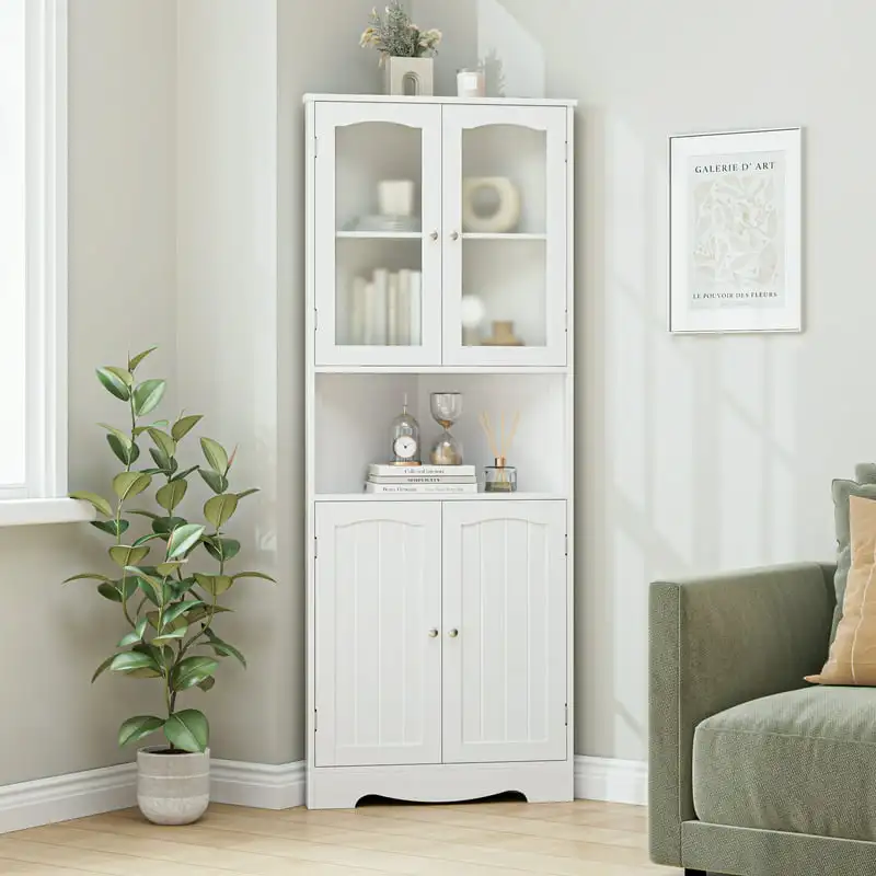 

Storage Cabinet, Wooden 4 Doors Linen Cabinet Cupboard for Bathroom, White