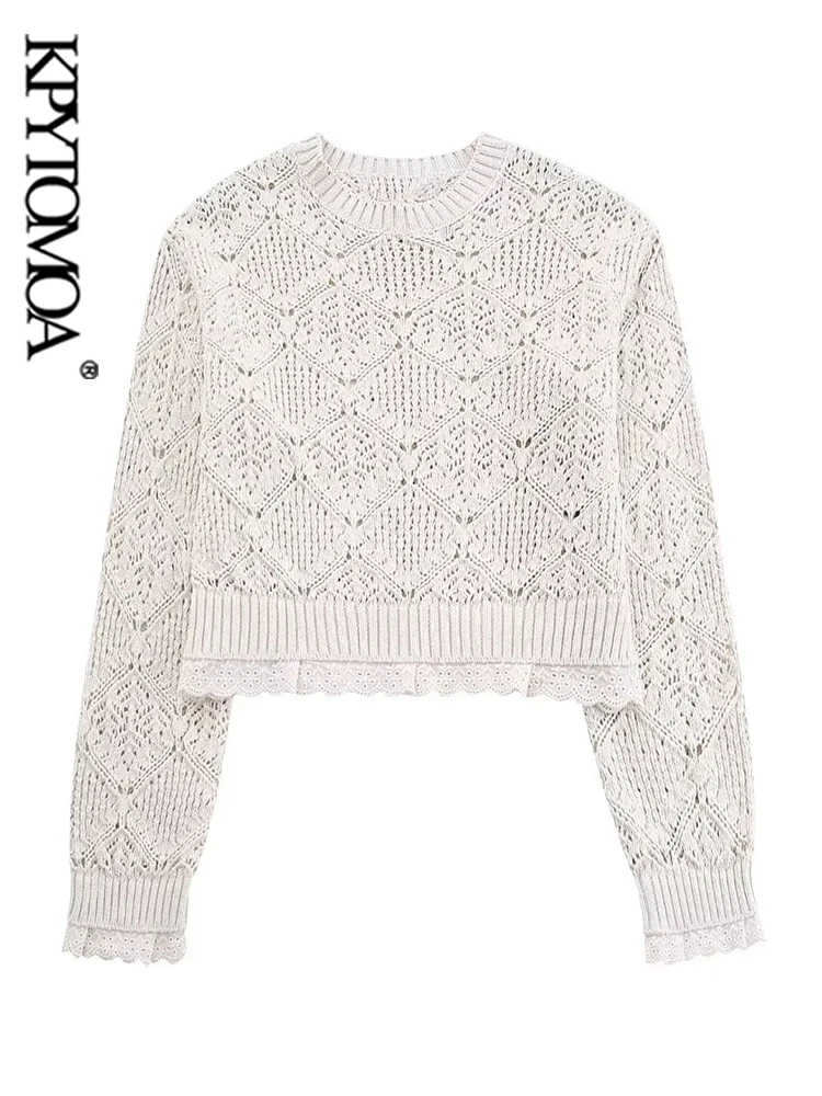 

KPYTOMOA Women Fashion With Contrast Lace Knit Sweater Vintage O Neck Long Sleeve Female Pullovers Chic Tops