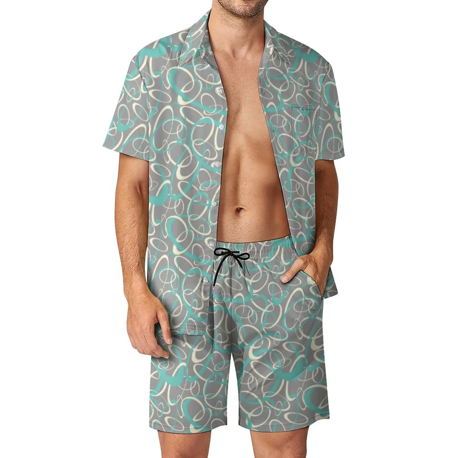 

Gray Retro Mod Men Sets Loops Geometric Pattern Hawaii Casual Shirt Set Short Sleeves Custom Shorts Summer Beach Suit Big Size