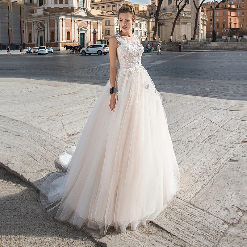 

A-Line Tulle O-Neck HY283 Wedding Dress For Women Floor Length Lace Appliques Elegant Illusion Bridal Gowns Vestidos De Novia